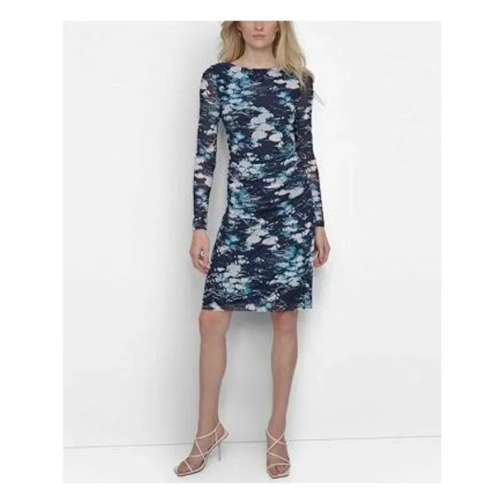 DKNY Women’s Printed Mesh Ruched Long Sleeve Sheath Dress Size 8